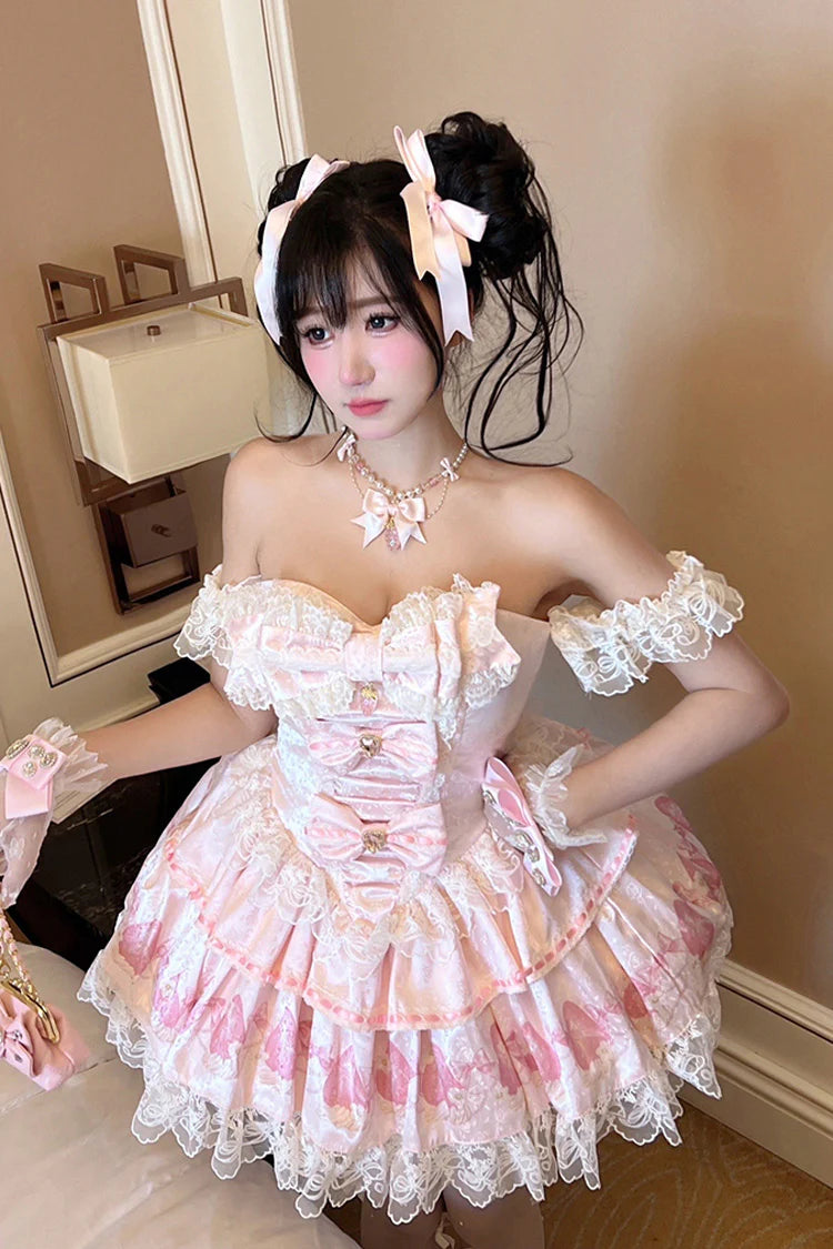 Indulge in sweet charm with this adorable lolita dress set! The off-shoulder neckline and sleeveless design showcase delicate lace and ruffled details, while a playful strawberry print adds a delightful touch. A elegant bowknot accents the bust, enhancing the princess-style silhouette. Perfect for tea parties, cosplay events, or creating a dreamy daily look, this set brings a whimsical and romantic vibe to your wardrobe.