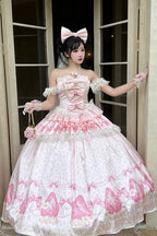 Indulge in sweet charm with this adorable lolita dress set! The off-shoulder neckline and sleeveless design showcase delicate lace and ruffled details, while a playful strawberry print adds a delightful touch. A elegant bowknot accents the bust, enhancing the princess-style silhouette. Perfect for tea parties, cosplay events, or creating a dreamy daily look, this set brings a whimsical and romantic vibe to your wardrobe.