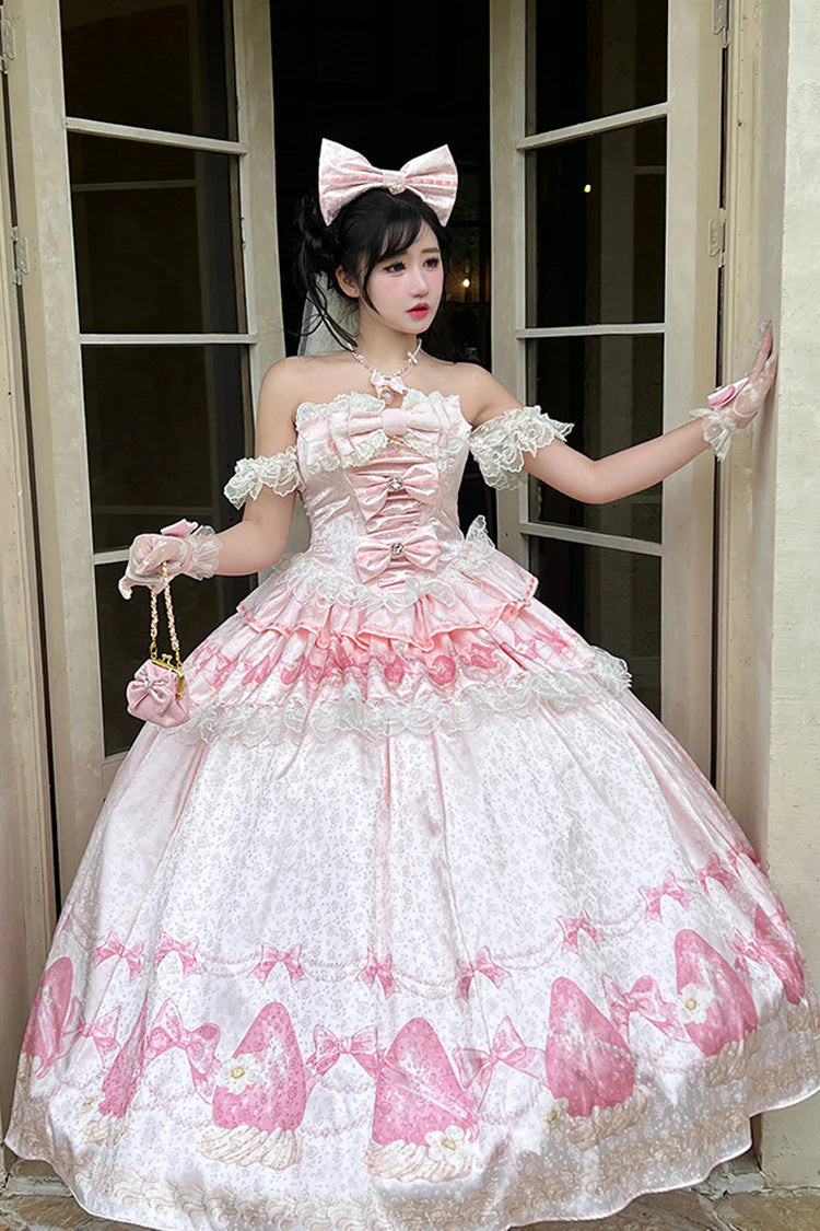 Indulge in sweet charm with this adorable lolita dress set! The off-shoulder neckline and sleeveless design showcase delicate lace and ruffled details, while a playful strawberry print adds a delightful touch. A elegant bowknot accents the bust, enhancing the princess-style silhouette. Perfect for tea parties, cosplay events, or creating a dreamy daily look, this set brings a whimsical and romantic vibe to your wardrobe.