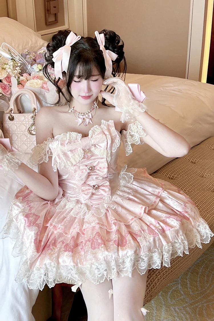 Indulge in sweet charm with this adorable lolita dress set! The off-shoulder neckline and sleeveless design showcase delicate lace and ruffled details, while a playful strawberry print adds a delightful touch. A elegant bowknot accents the bust, enhancing the princess-style silhouette. Perfect for tea parties, cosplay events, or creating a dreamy daily look, this set brings a whimsical and romantic vibe to your wardrobe.