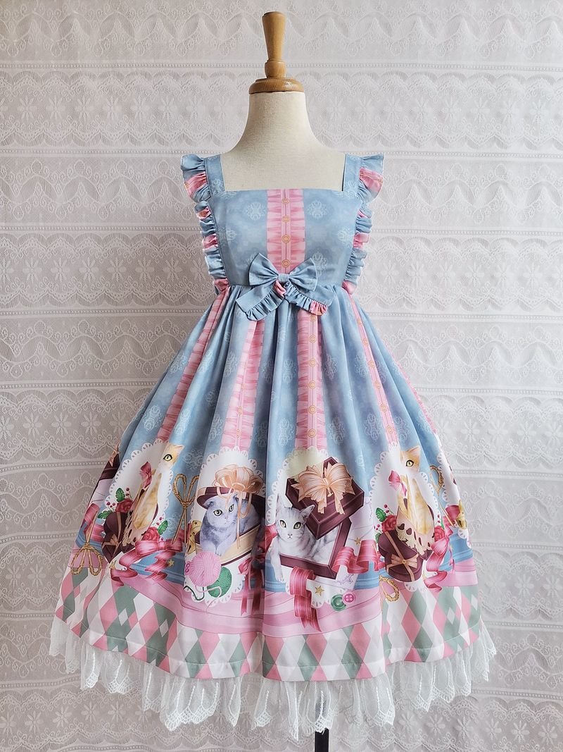 Sweet Lolita Pink with Blue Kitten Print Jsk Lolita Dress Lace Hemline
