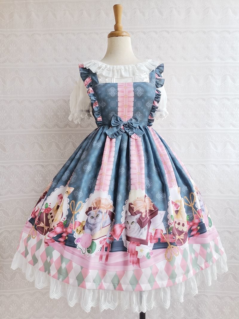 Sweet Lolita Pink with Blue Kitten Print Jsk Lolita Dress Lace Hemline