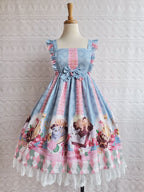 Sweet Lolita Pink with Blue Kitten Print Jsk Lolita Dress Lace Hemline