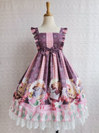 Sweet Lolita Pink with Blue Kitten Print Jsk Lolita Dress Lace Hemline