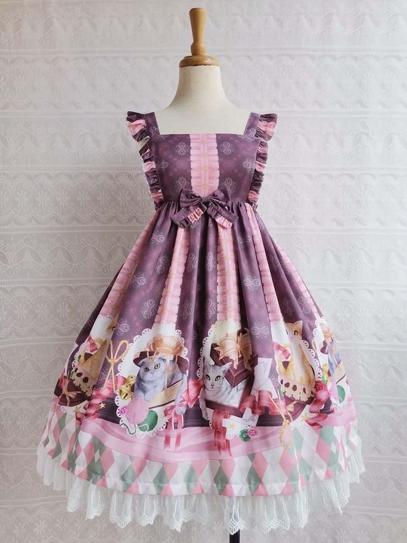 Sweet Lolita Pink with Blue Kitten Print Jsk Lolita Dress Lace Hemline
