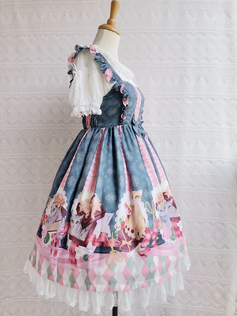 Sweet Lolita Pink with Blue Kitten Print Jsk Lolita Dress Lace Hemline