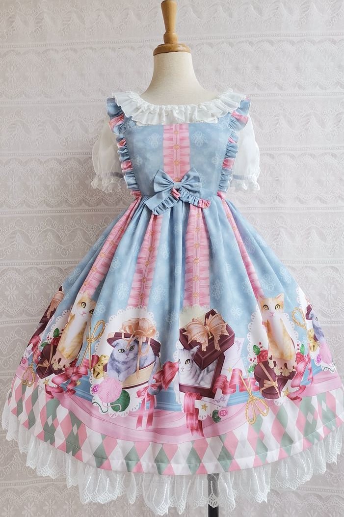 Sweet Lolita Pink with Blue Kitten Print Jsk Lolita Dress Lace Hemline