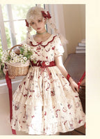 Sweet Lolita Cream White Strawberry Idyllic Printed Short Sleeved Ruffle Dress One Piece