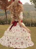 Sweet Lolita Cream White Strawberry Idyllic Printed Short Sleeved Ruffle Dress One Piece