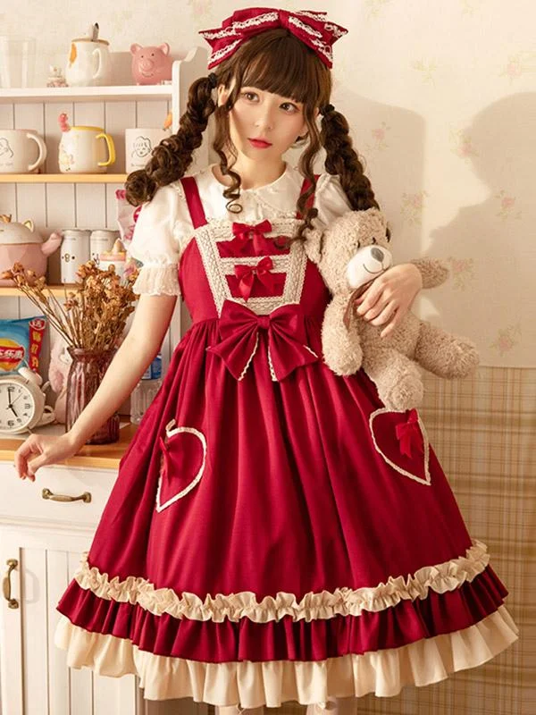 Sweet Lolita Red Bowknot Square Strap Midi with Long Sleeves Lolita Cake Dress