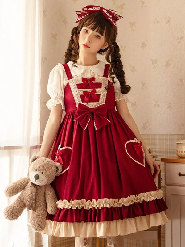 Sweet Lolita Red Bowknot Square Strap Midi with Long Sleeves Lolita Cake Dress
