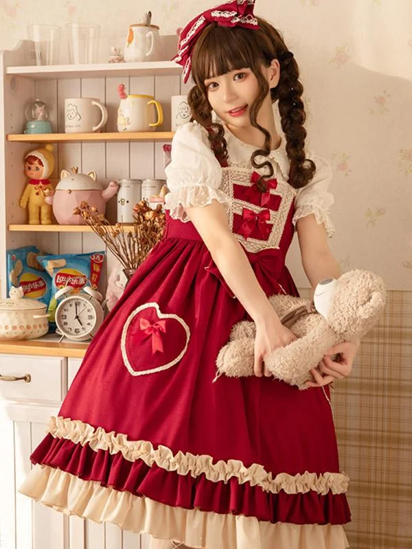 Sweet Lolita Red Bowknot Square Strap Midi with Long Sleeves Lolita Cake Dress