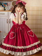 Sweet Lolita Red Bowknot Square Strap Midi with Long Sleeves Lolita Cake Dress
