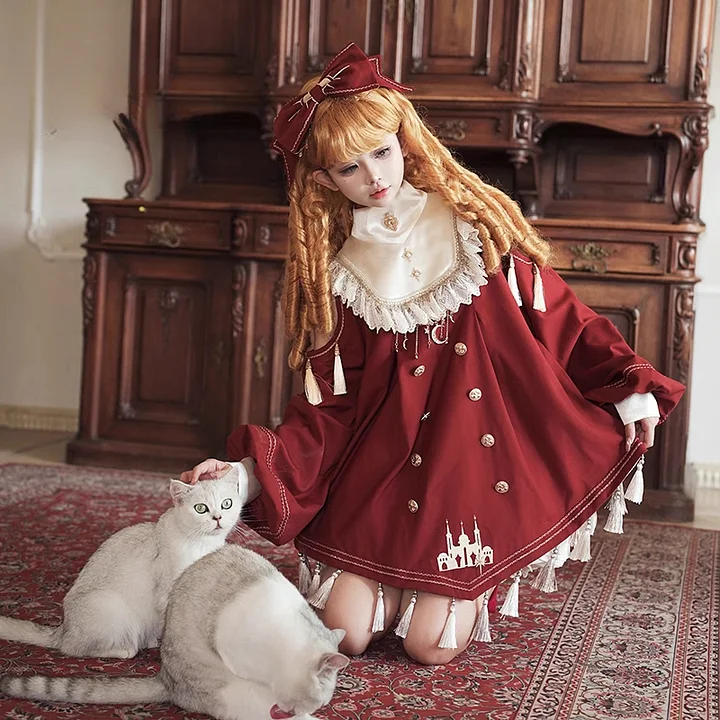 Sweet Lolita Red Embroidered Lolita Dress Princess Fairy Tale Doll Long Sleeve Dress Shorts Two-piece Set OP