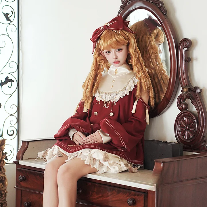 Sweet Lolita Red Embroidered Lolita Dress Princess Fairy Tale Doll Long Sleeve Dress Shorts Two-piece Set OP
