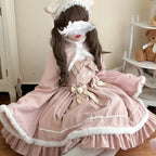 Sweet Lolita Red Pink Christmas Lolita Autumn and Winter Two-piece Velvet Dress Set Cape Lolita Coats
