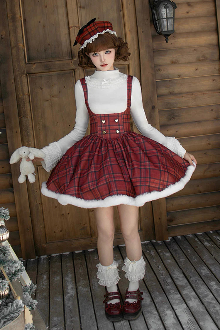 Embrace the warmth and charm of the autumn and winter seasons with this striking red striped plaid Lolita dress. Designed for cooler weather, the fitted corset silhouette accentuates the waist while providing timeless elegance. The subtle fishbone detailing adds a touch of whimsical storytelling, blending Sweet Lolita aesthetics with seasonal coziness. Perfect for holiday gatherings or crisp fall days, this piece combines playful patterns with sophisticated structure, making it a standout addition to any Lo