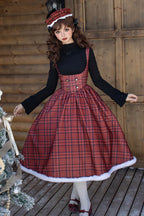 Embrace the warmth and charm of the autumn and winter seasons with this striking red striped plaid Lolita dress. Designed for cooler weather, the fitted corset silhouette accentuates the waist while providing timeless elegance. The subtle fishbone detailing adds a touch of whimsical storytelling, blending Sweet Lolita aesthetics with seasonal coziness. Perfect for holiday gatherings or crisp fall days, this piece combines playful patterns with sophisticated structure, making it a standout addition to any Lo