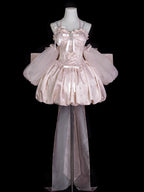 Inspired by fairy-tale escapism, this Lolita dress features a delicate floral print, a structured bustier, and a soft bloom-shaped skirt. The sweet pink palette and intricate lace details evoke romantic fantasy, while the lightweight fabric ensures comfort. Perfect for creating dreamy, whimsical moments.
