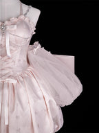 Inspired by fairy-tale escapism, this Lolita dress features a delicate floral print, a structured bustier, and a soft bloom-shaped skirt. The sweet pink palette and intricate lace details evoke romantic fantasy, while the lightweight fabric ensures comfort. Perfect for creating dreamy, whimsical moments.