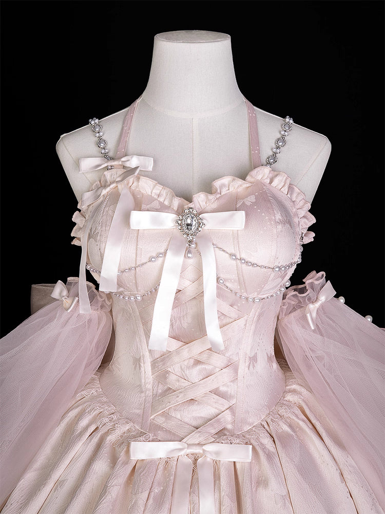 Inspired by fairy-tale escapism, this Lolita dress features a delicate floral print, a structured bustier, and a soft bloom-shaped skirt. The sweet pink palette and intricate lace details evoke romantic fantasy, while the lightweight fabric ensures comfort. Perfect for creating dreamy, whimsical moments.