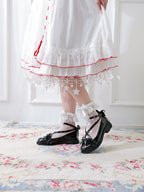 Lolita Shoes Sweet Black Glossy Mary Jane with Bow and Lace-Up Lace Japanese Low Heel