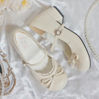 Sweet Lolita Shoes Cream Colored Bow and Ruffled Low-Heel Mary Jane Shoes