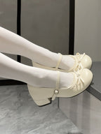 Sweet Lolita Shoes Cream Colored Bow and Ruffled Low-Heel Mary Jane Shoes