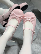 Sweet Lolita Shoes Cream Colored Bow and Ruffled Low-Heel Mary Jane Shoes