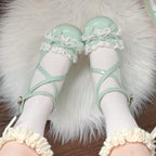 Sweet Lolita Shoes Mint Green Glossy Leather Mary Jane Shoes with Lace and Bow Low-heeled