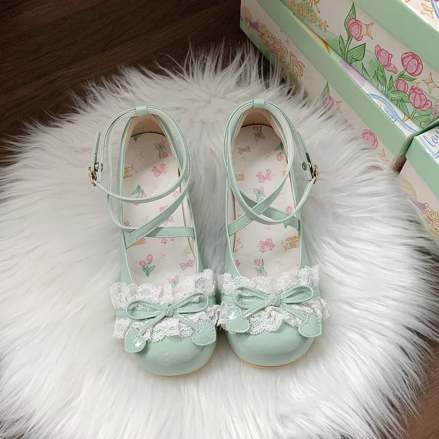 Sweet Lolita Shoes Mint Green Glossy Leather Mary Jane Shoes with Lace and Bow Low-heeled