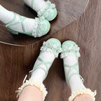 Sweet Lolita Shoes Mint Green Glossy Leather Mary Jane Shoes with Lace and Bow Low-heeled