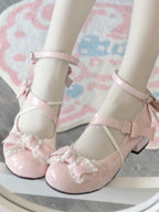 Sweet Lolita Shoes Pink Blue Patent Leather Mary Janes with Bows and Lace Low Heel Flats Round Head