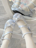 Sweet Lolita Shoes Pink Blue Patent Leather Mary Janes with Bows and Lace Low Heel Flats Round Head