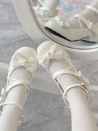 Lolita Shoes Sweet Pink Patent Leather Mary Janes with Bows and Lace Low Heel Flats Round Head