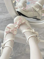 Lolita Shoes Sweet Pink Patent Leather Mary Janes with Bows and Lace Low Heel Flats Round Head
