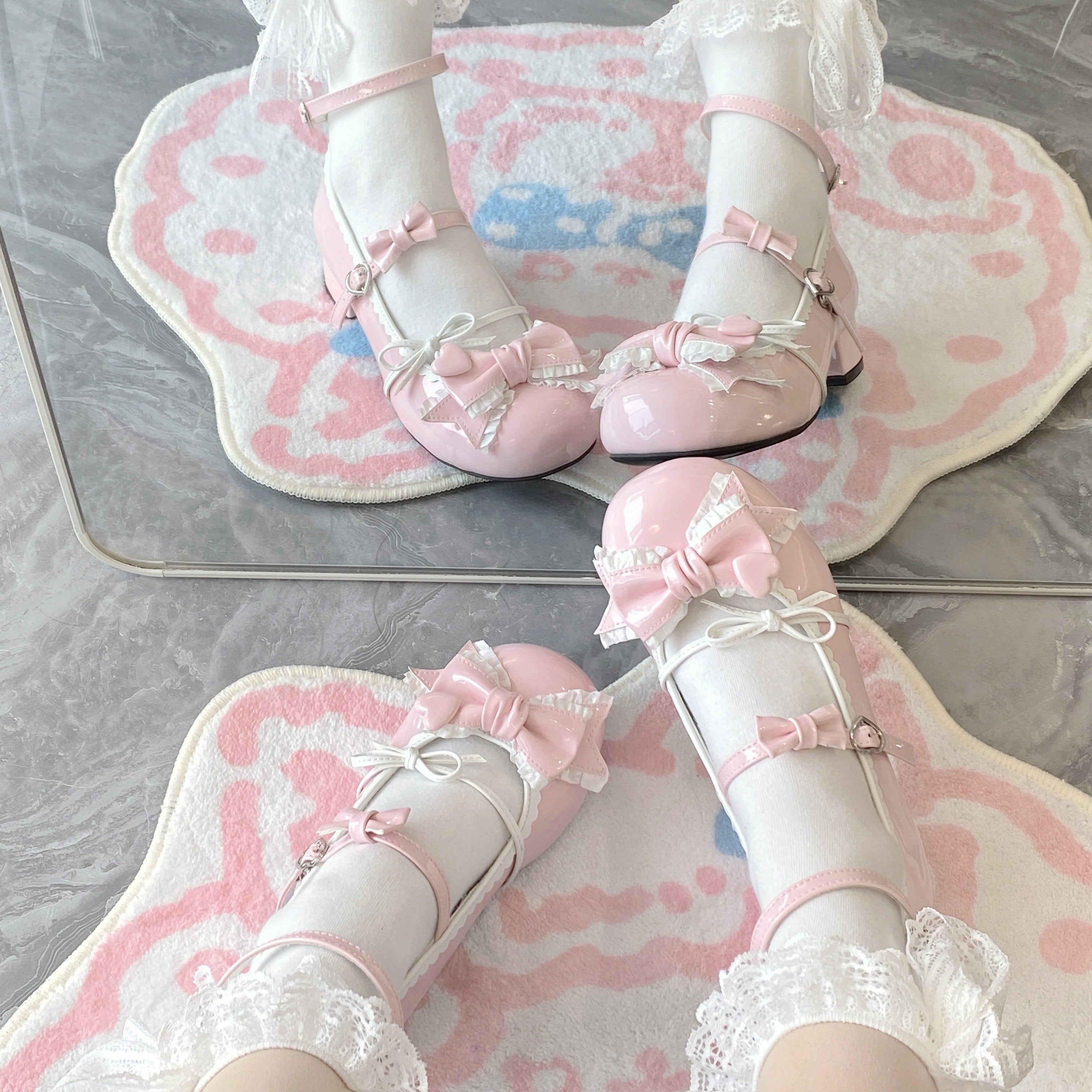 Sweet Lolita Shoes Retro Pink Glossy Leather Mary Jane with Low Heel Flat Bottom Round Head