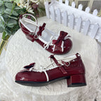 Sweet Lolita Shoes Retro Red Black Glossy Leather Mary Jane with Low Heel Flat Bottom Round Head