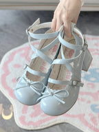 Sweet Lolita Shoes Pink Blue Patent Mary Janes with Embellished Bows 4.5CM Jk Girl