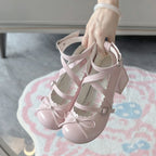 Sweet Lolita Shoes Pink Blue Patent Mary Janes with Embellished Bows 4.5CM Jk Girl