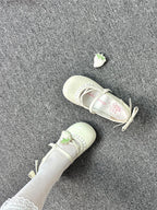 Sweet Lolita Shoes White Black Patent Leather with Strawberry Japanese Round Head Low Heel 3cm