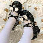 Sweet Lolita Shoes Scalloped-Edge White Black Square Round Head Cute Versatile Mary Jane