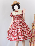 Sweet Lolita Strawberry Witch Burgundy Summer Embroidered Dress Strawberry Print