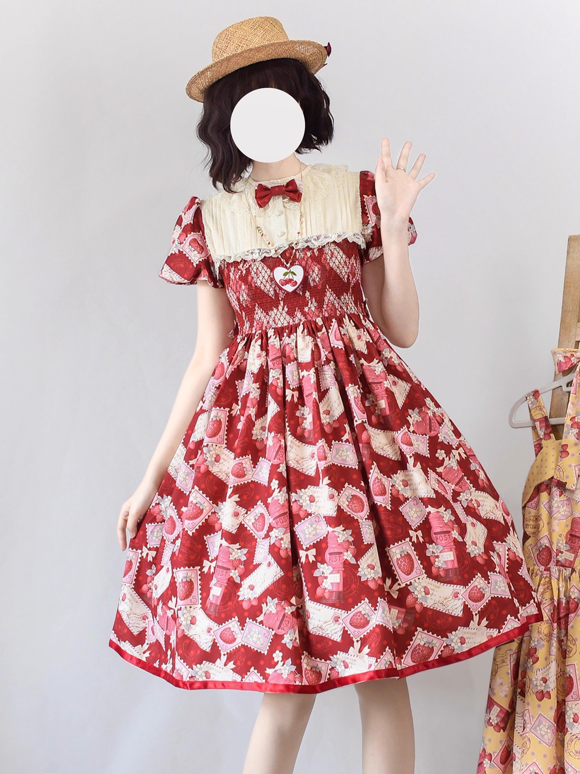 Sweet Lolita Strawberry Witch Burgundy Summer Embroidered Dress Strawberry Print