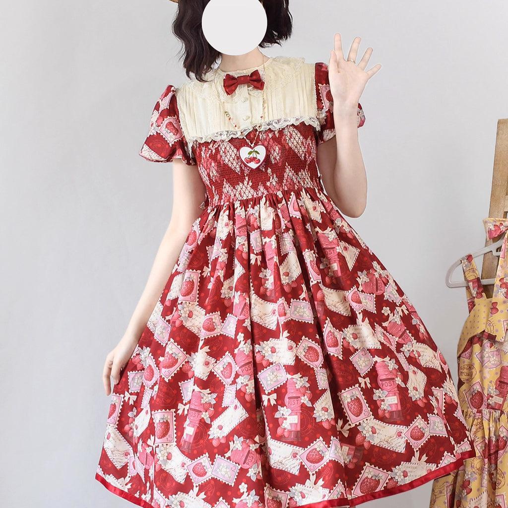 Sweet Lolita Strawberry Witch Burgundy Summer Embroidered Dress Strawberry Print