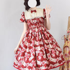 Sweet Lolita Strawberry Witch Burgundy Summer Embroidered Dress Strawberry Print