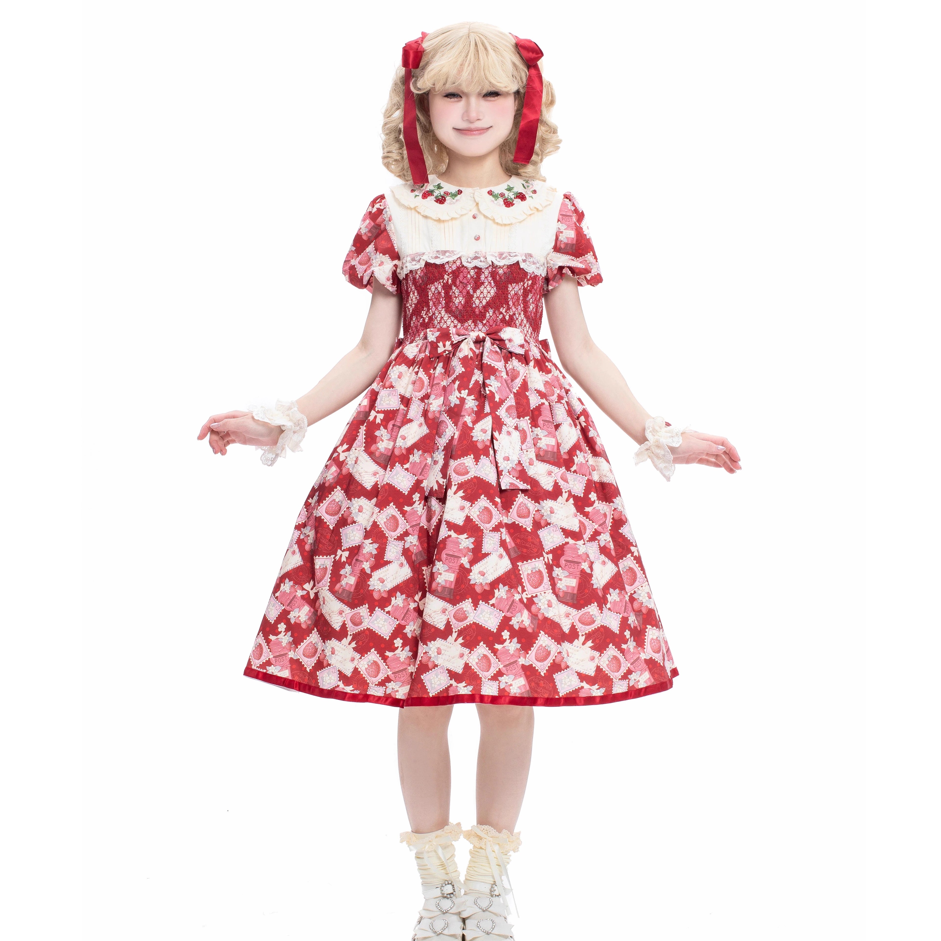 Sweet Lolita Strawberry Witch Burgundy Summer Embroidered Dress Strawberry Print