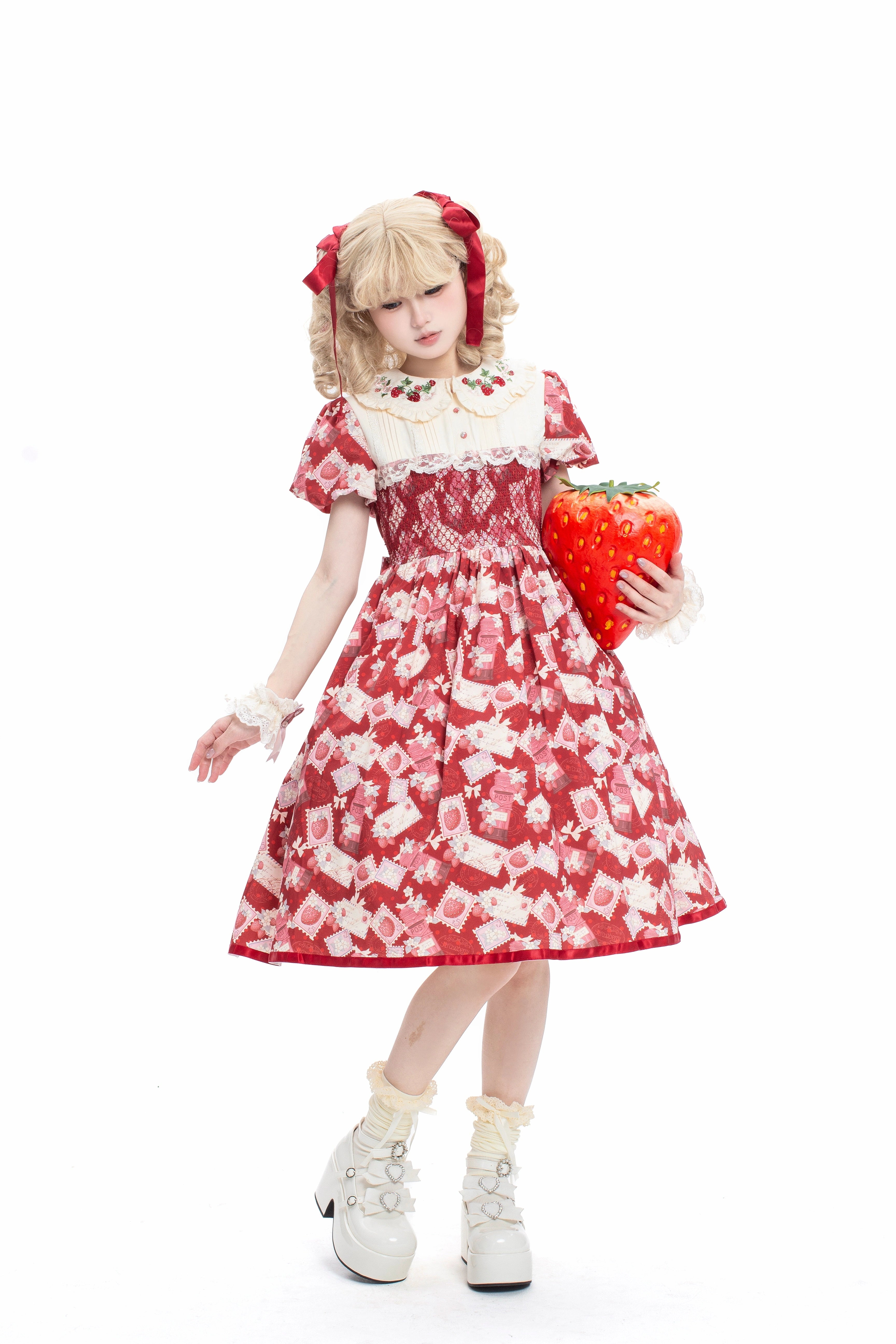 Sweet Lolita Strawberry Witch Burgundy Summer Embroidered Dress Strawberry Print