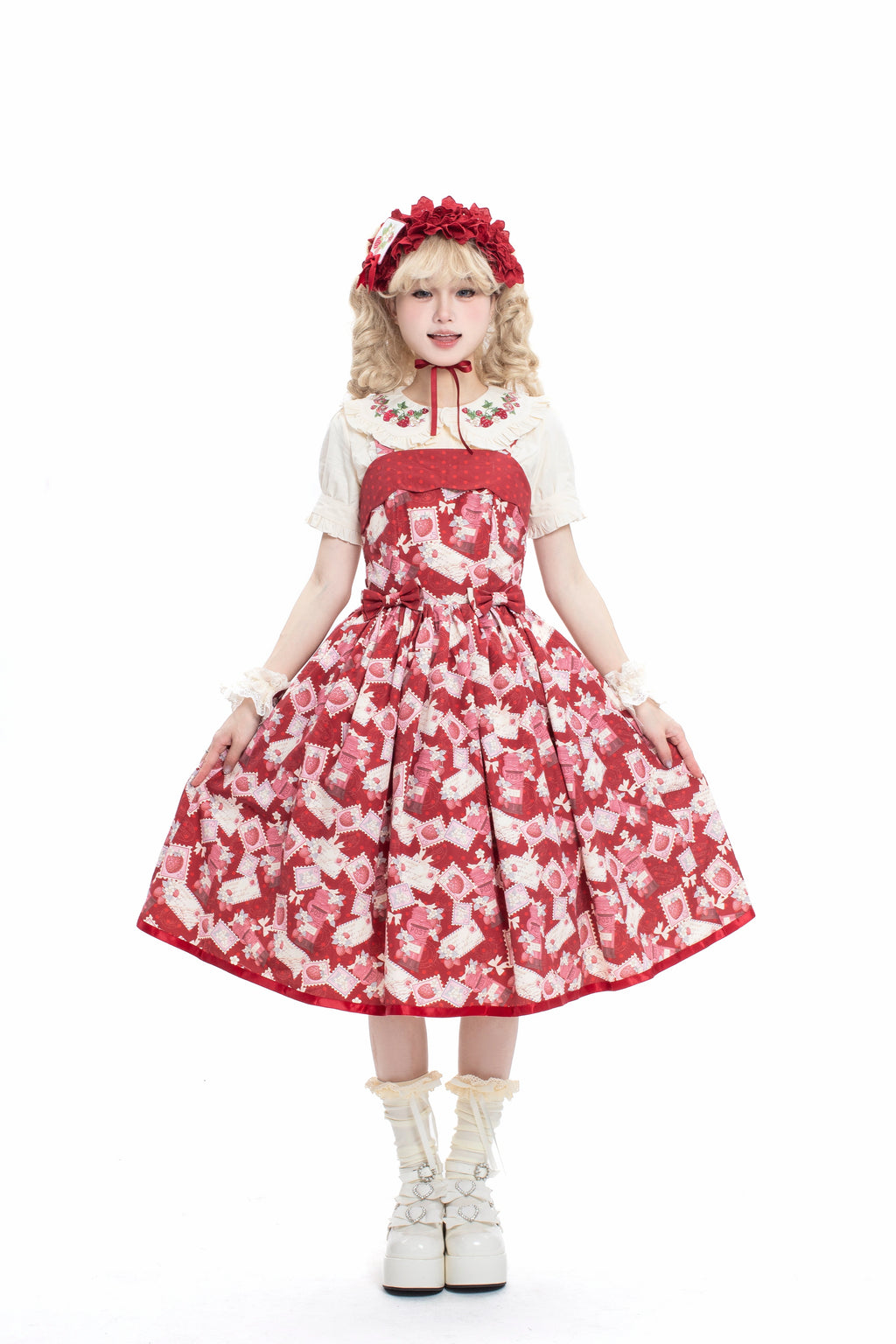 Sweet Lolita Strawberry Witch Burgundy Summer Embroidered Dress Strawberry Print