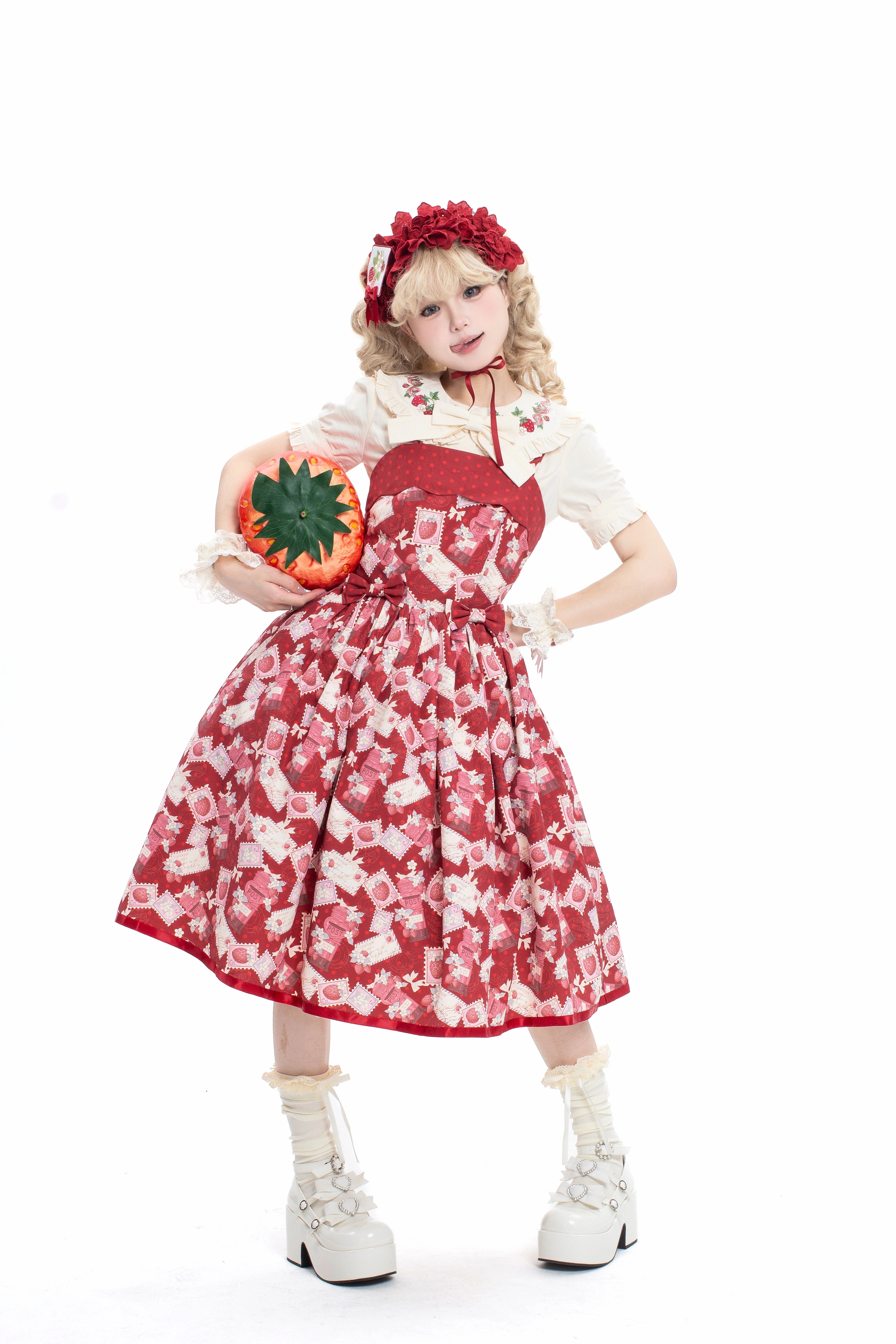 Sweet Lolita Strawberry Witch Burgundy Summer Embroidered Dress Strawberry Print
